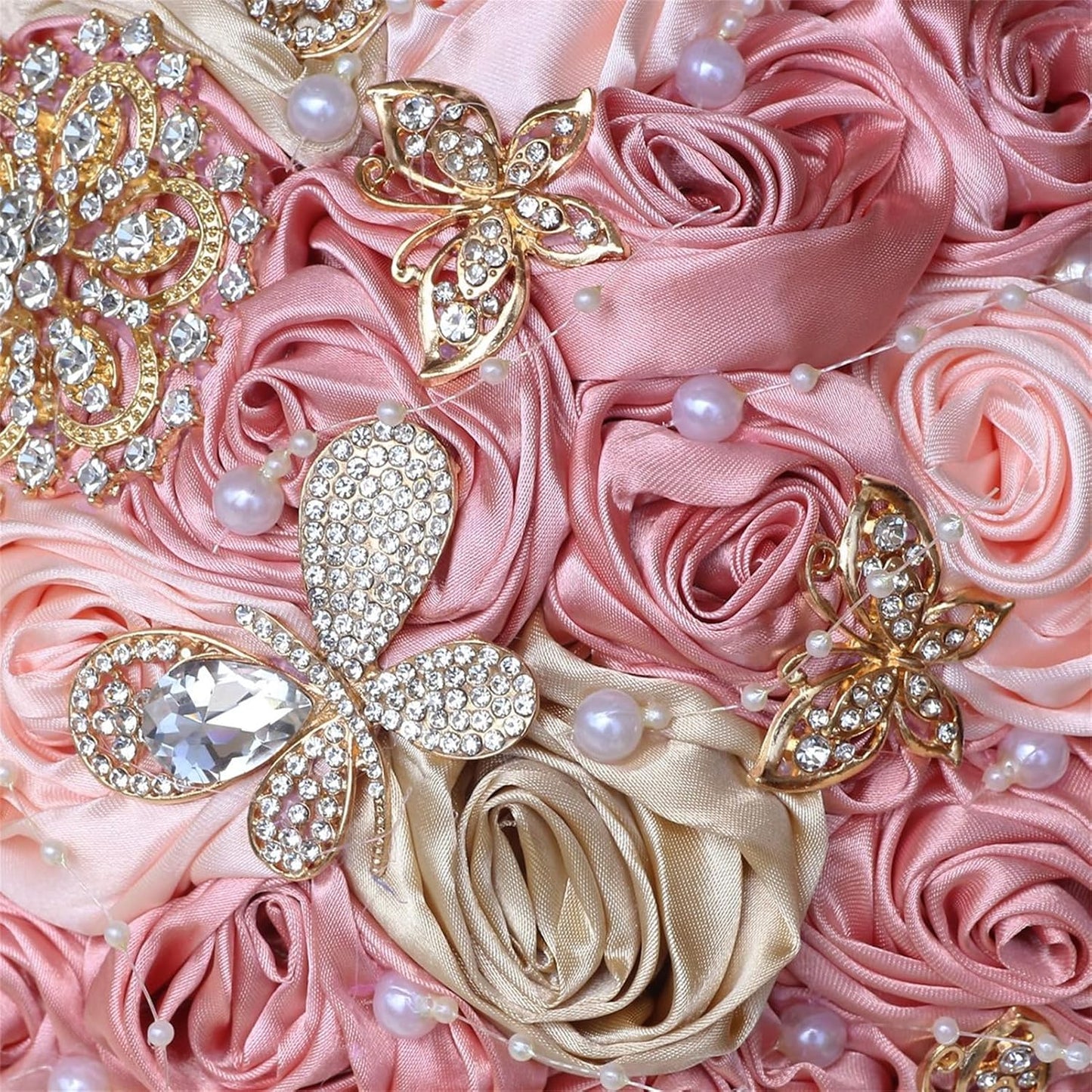 Handmade Rhinestone Bridal Bouquet for Wedding Round Tossing Bouquet Artificial Flower Bunch for Bride Bridesmaid (Champagne+Peach Pink, Small (Dia. 7.5"/18cm))