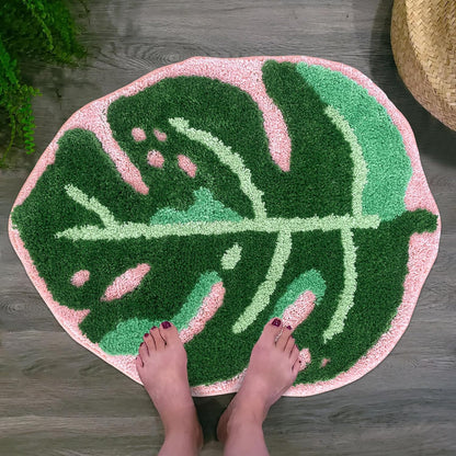 Sisher Leaf Rug,Monstera Bath Mat Cute Bathroom Mat Non Slip Palm Shaped Plush Fun Area Rug Bathtub Rugs Machine Washable Green and Pink Leaf Mat（21"X26"）