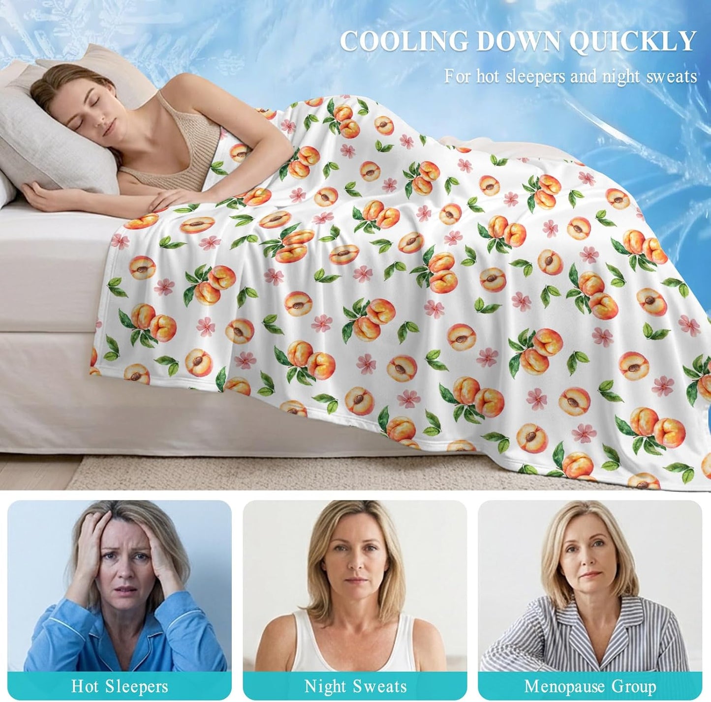 50"x60" Standard Throw Cooling Blanket Peaches Ice Silk Lightweight Breathable Soft Summer Blanket for Hot Sleepers Couch Bed Sofa Camping Flowers Summer Fruit