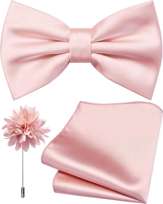 Branduce Solid Color Pre-tied Bow Tie and Pocket Square Lapel Pin Set for Men