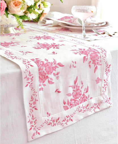 Solino Home Pink Floral Print Table Runner 72 Inches Long - 100% Pure Linen Table Runner 14 x 72 Inch for Spring, Summer - Handcrafted and Machine Washable - Jolie Fleur Print
