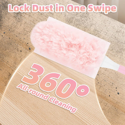 30 Count Pink Duster Refills Compatible with Swiffer Handle, 360° Multi-Surface Duster Refills with 1 Handle, 5X Microfibers Disposable Dusters for Home, Office Cleaning