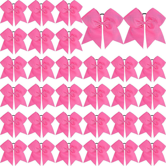 OAOLEER 32PCS 8" Large Cheer Hair Bows for Cheerleader, Big Jumbo Pink Cheering Hair Bows Ponytail Holder Elastic Band Handmade for Cheerleading College Sports (Pink)