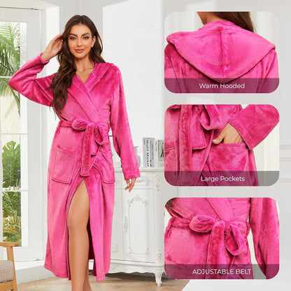 Womens Long Hooded Fleece Robe, Soft Warm Spa Bathrobe for Cozy Lightweight Loungewear