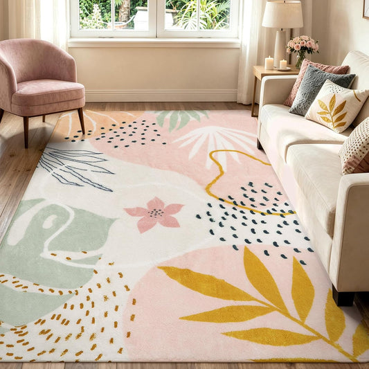 Lahome Pink Boho Living Room Rug 6x9, Washable Non Slip Soft Botanical Area Rug for Cozy Family Room Classroom Bedroom Home Decor