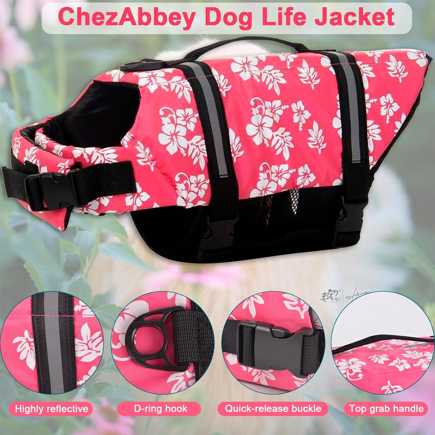 Dog Life Jacket Adjustable Dog Lifevest Swimsuit Safety Vest Apparel Lifesaver Coat for Small Large Cats Puppy Kitty with Handle Reflective for Swimming and Boating Pink Flower M