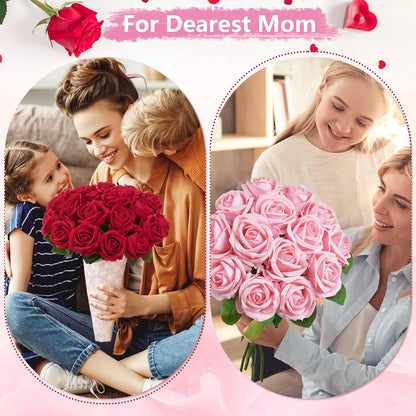50 Pcs Pink Roses Artificial Flowers, Real Touch Velvet Roses Bouquet Fake Flowers Bulk, Artificial Roses with Long Stems for Birthday Gift Women Mom DIY Bridal Wedding Centerpiece Decorations