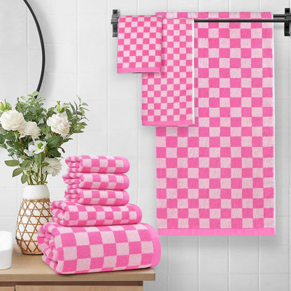 Jacquotha Pink Bath Towel Set for Bathroom Decor, 8-Piece Soft & Absorbent Cotton Towels, 2 Bath, 2 Hand, 4 Washcloths, Checkered