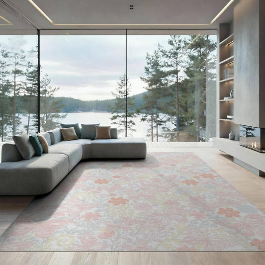 9'x12' Washable Cottagecore Floral Area Rug, Peach Foldable Oversized Carpet Low Profile Flatwoven Floor Covering for Great Room, Indoor Open Concept, Large Living Room | Ref:2212456
