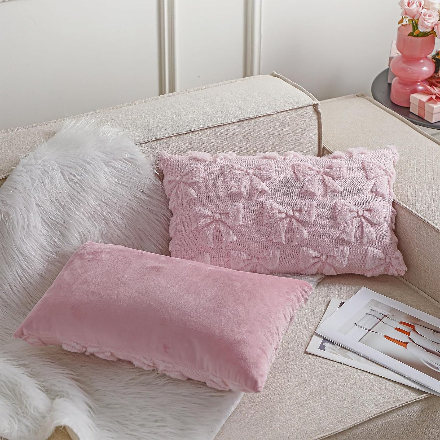 Mixweer Pink Bow Pillow Covers Set of 2 Preppy Room Decor Coquette Cute Spring Summer Decorative Faux Fur Soft Bowknot Stuff Fluffy Plush Aesthetic Pillowcase for Bed Sofa Couch (12 x 20 Inch)