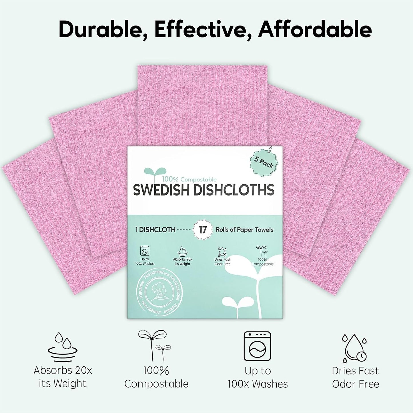 Swedish Dishcloths for Kitchen, 5 Pack Swedish Dish Cloths, Ultra Absorbent Reusable Paper Towels, Cellulose Sponge Cloths, Quick Drying, No Odor, Dishwasher Safe Pink