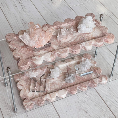Natural Luxury Marble Vanity Tray Rectangle with Ruffles Serving Marble Storage for Bathroom, Kitchen, Plate Holder for Skincare Product, Perfume, and Food Home Décor (Shell Pink)