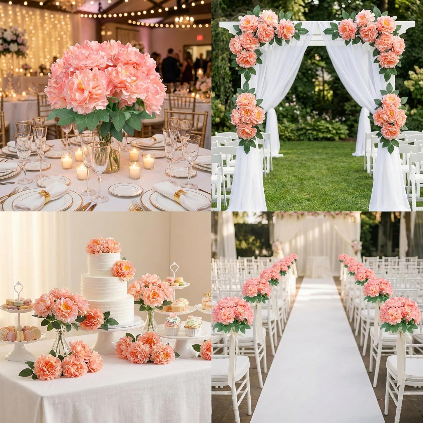 Peonies Artificial Flowers, 2 Bouquets of 7-Heads Silk Artificial Peonies with Flexible Stems, Faux Peonies for Home & Wedding Decor, Table Centerpieces, Floral Arrangement (2, coral pink)