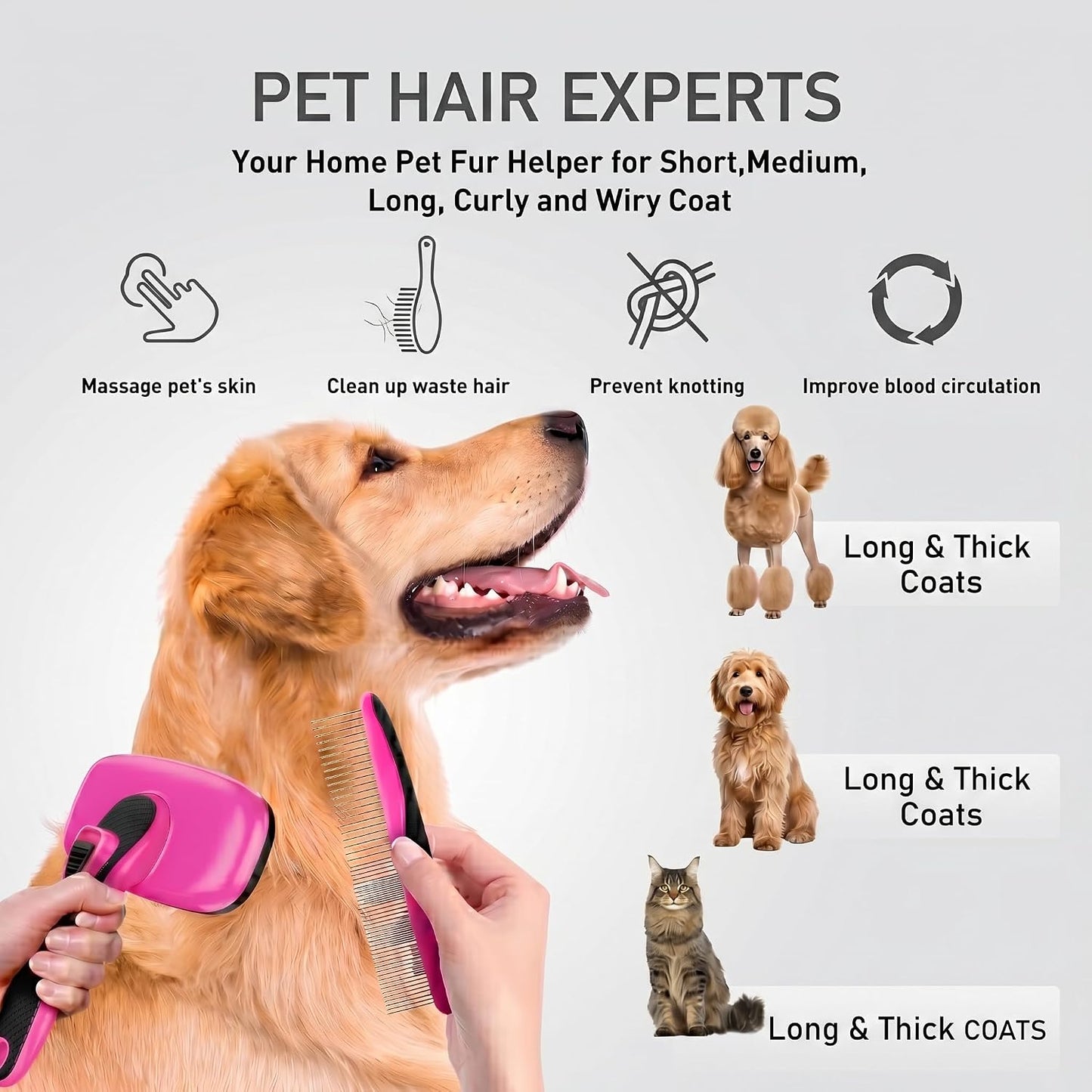 5PCS Self Cleaning Slicker Brush and Dog Grooming Kit, Pink | Deshedding Brush Kit for Dogs & Cats, Ideal for Short Long Hair, Daily Detangling & Cleaning Mats at Home or Travel