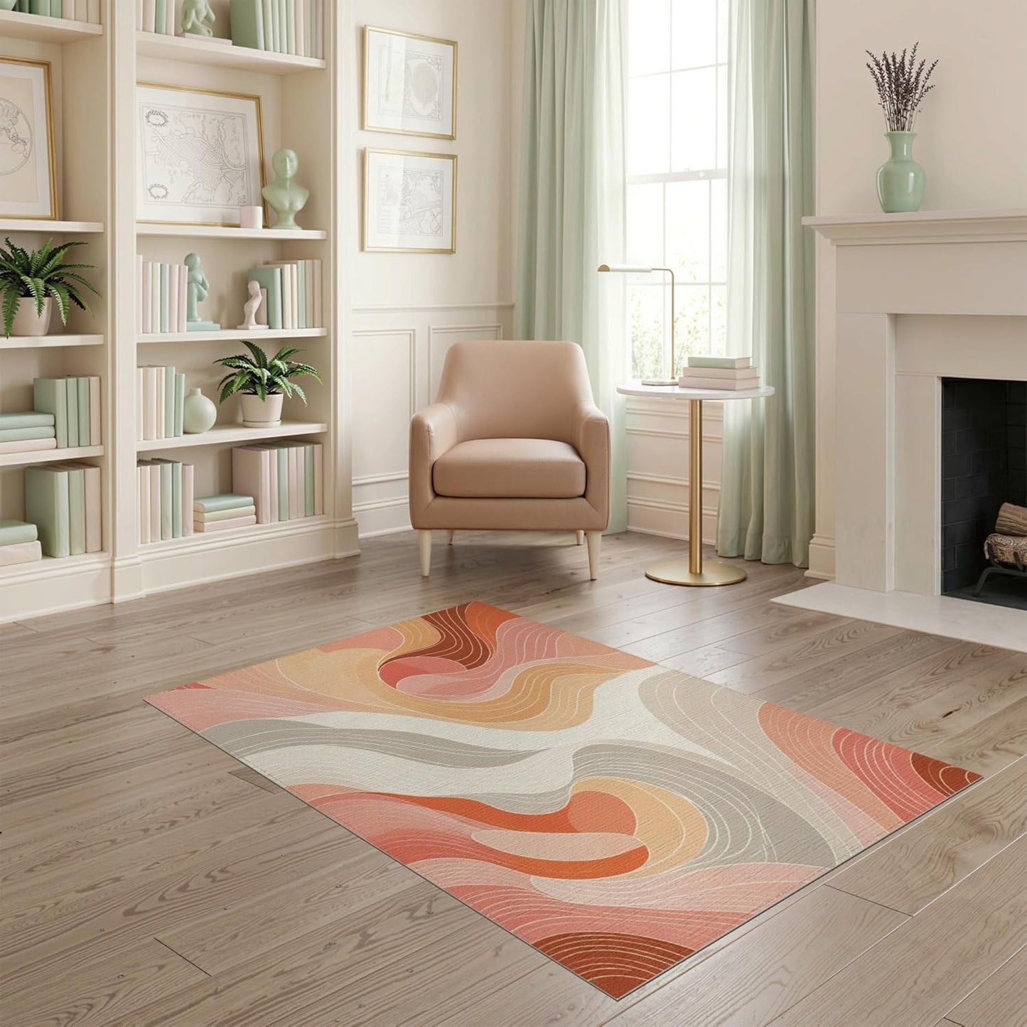 4'x6' Washable Flatwoven Rug, Peach Contemporary Abstract Easy Care Throw Carpet for Dorm Room, Small Living Room, Apartment, Stain Resistant Low Profile Floor Covering | Ref:1967884