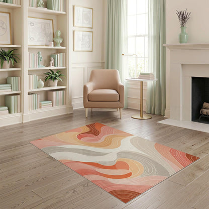 4'x6' Washable Flatwoven Rug, Peach Contemporary Abstract Easy Care Throw Carpet for Dorm Room, Small Living Room, Apartment, Stain Resistant Low Profile Floor Covering | Ref:1967884