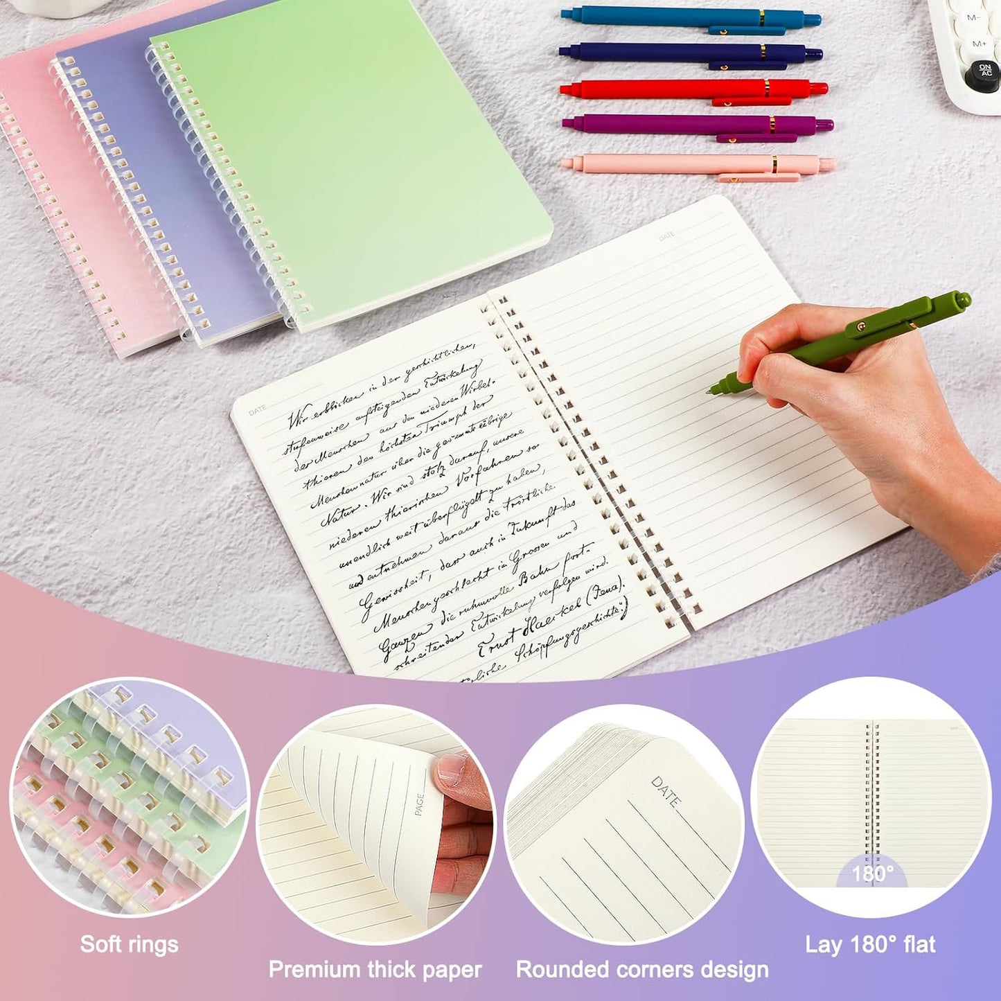 9 Pcs Spiral Notebooks, 3 Gradient Colors (Pink/Green/Blue), A5 7mm College Ruled 120 Pages Journals for School Work Travel, Durable PP Cover with Soft Silicone Coil & Rounded Edges