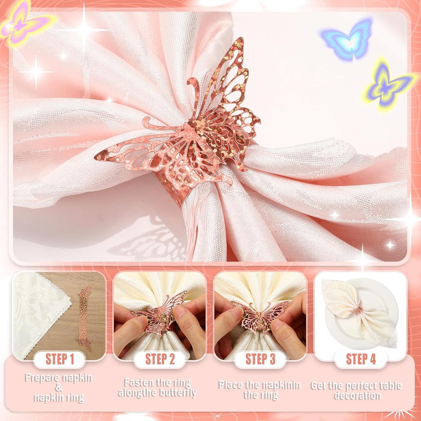 Patelai 200 Pcs Rose Gold Butterfly Napkin Rings Sequined 3D Butterfly Paper Napkin Holders for Dinners Tables Wedding Anniversary Party Decor Baby Bridal Shower Banquet Supply