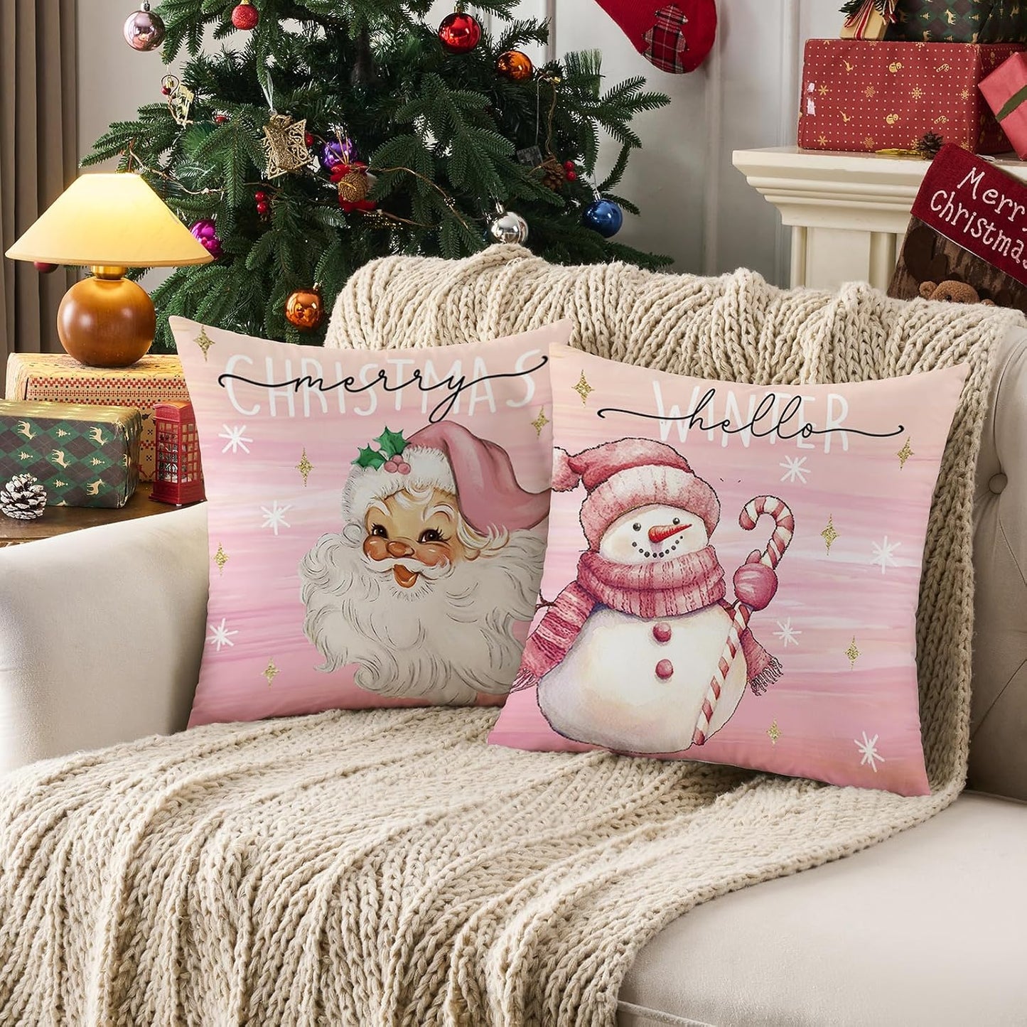 Pink Candy Canes Christmas Decorative Throw Pillow Covers 18x18 set of 4, Pink Bow Snowman Tree & Candycane Christmas Decor Throw Pillows 18 x 18, Santa Claus Xmas Holiday Decor Pillows for Couch