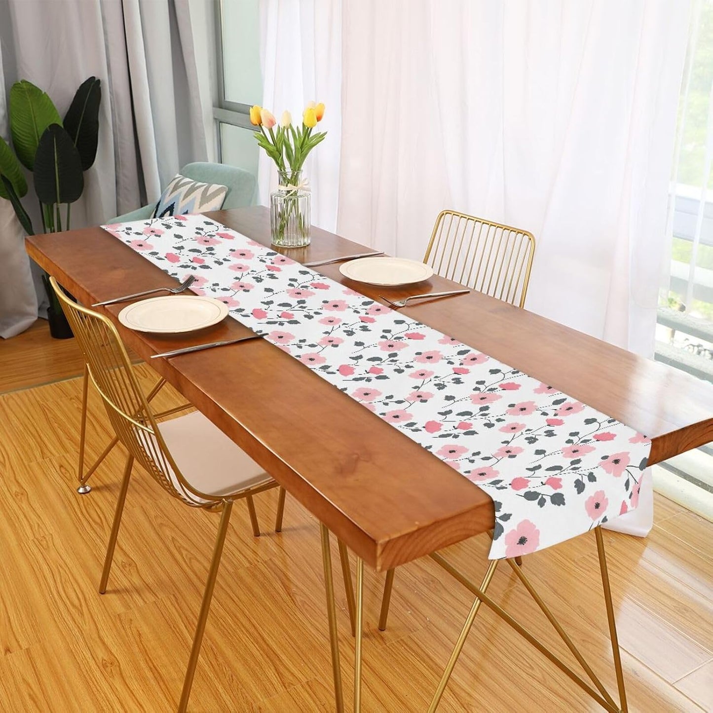 Boho Simple Style Florals Peach Autumn Table Runner, 13x70inches, Wedding Decorations Reusable White Table Runner 70" Long