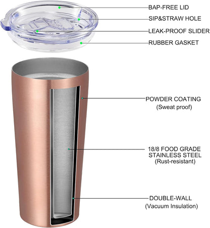 20oz Tumbler Bulk with Lid and Straw 1 Pack, Stainless Steel Vacuum Insulated Tumbler, Double Wall Coffee Cup Travel Mug, Rose Gold