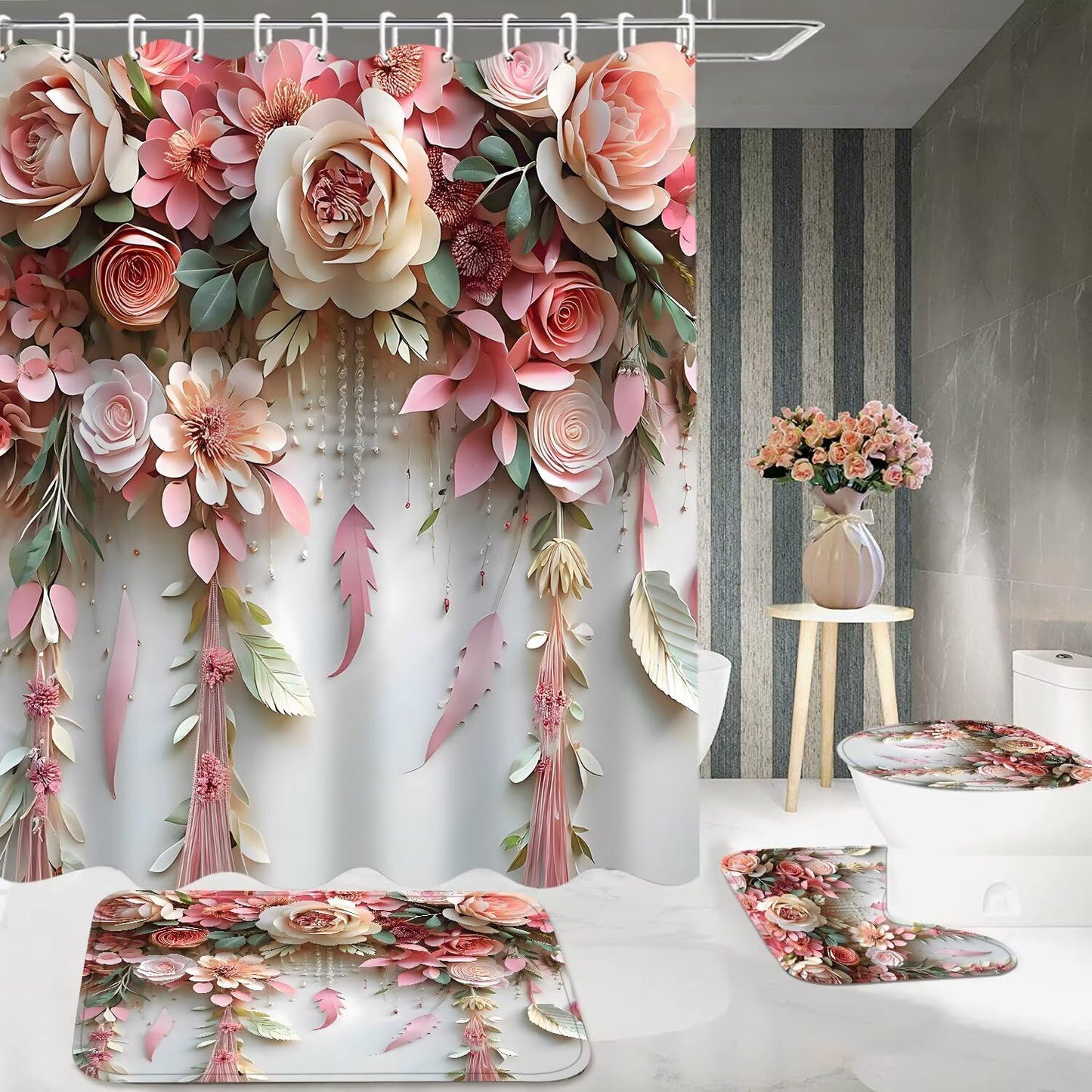 DDQQ Pink Flower Bathroom Shower Curtain Set, Romantic and Cute Rose Floral Polyester Bathroom Decor Set with Shower Curtain and Rugs and Accessories