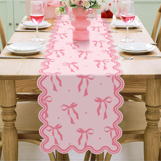 Pink Bow Table Runner 72 Inches Cute Heart Linen Fabric Scalloped Table Runner Coquette Dining Decor for Birthday Baby Shower Party School Home Decor(Bow B)