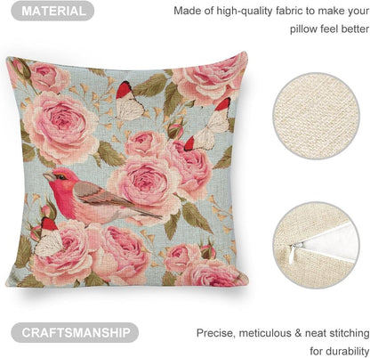 Linen Pillow Case Blue Pink Rose Bird Pattern 18x18 Inch Double Sided Decorative Cushion Cover for Sofa Bed Chair Car