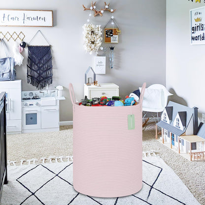 Large Cotton Rope Laundry Basket Hamper for Girls Kids 65L, Baby Nursery Hamper Bin, Tall Woven Storage Basket for Living Room Girls Room,16”x 20”, Light Pink