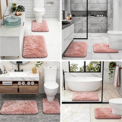 Shaggy Bathroom Rugs Set Plush Velvet Bath Rugs Non-Slip Bath Mat Set 3 Piece,Washable Mats,Absorbent Shaggy Rugs Super Soft U-Shaped Toilet Rug,Bahroom Carpets for Bathroom,Tub,Shower(Light Pink