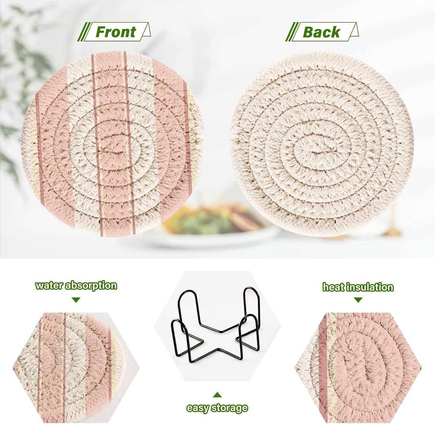 6 Pcs Pink White Stripe Drink Coasters with Holder,Round Woven Coaster Set Absorbent Coasters for Tabletop Protection Table Home Decor, 4 Inch