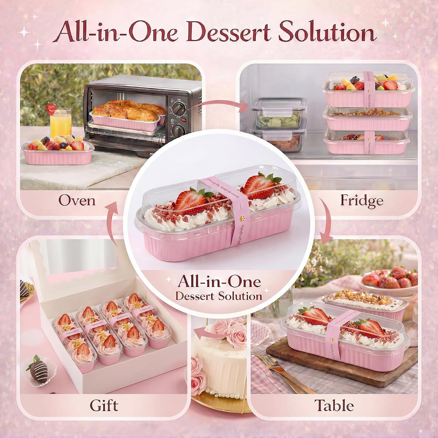 YQER 100 Pack Mini Loaf Pans with Lids and Spoons, 6.8oz Disposable Aluminum Foil Mini Cake Pans and Baking Tins with Sealing Stickers, Individual Pink Dessert Containers for Parties and Gifts