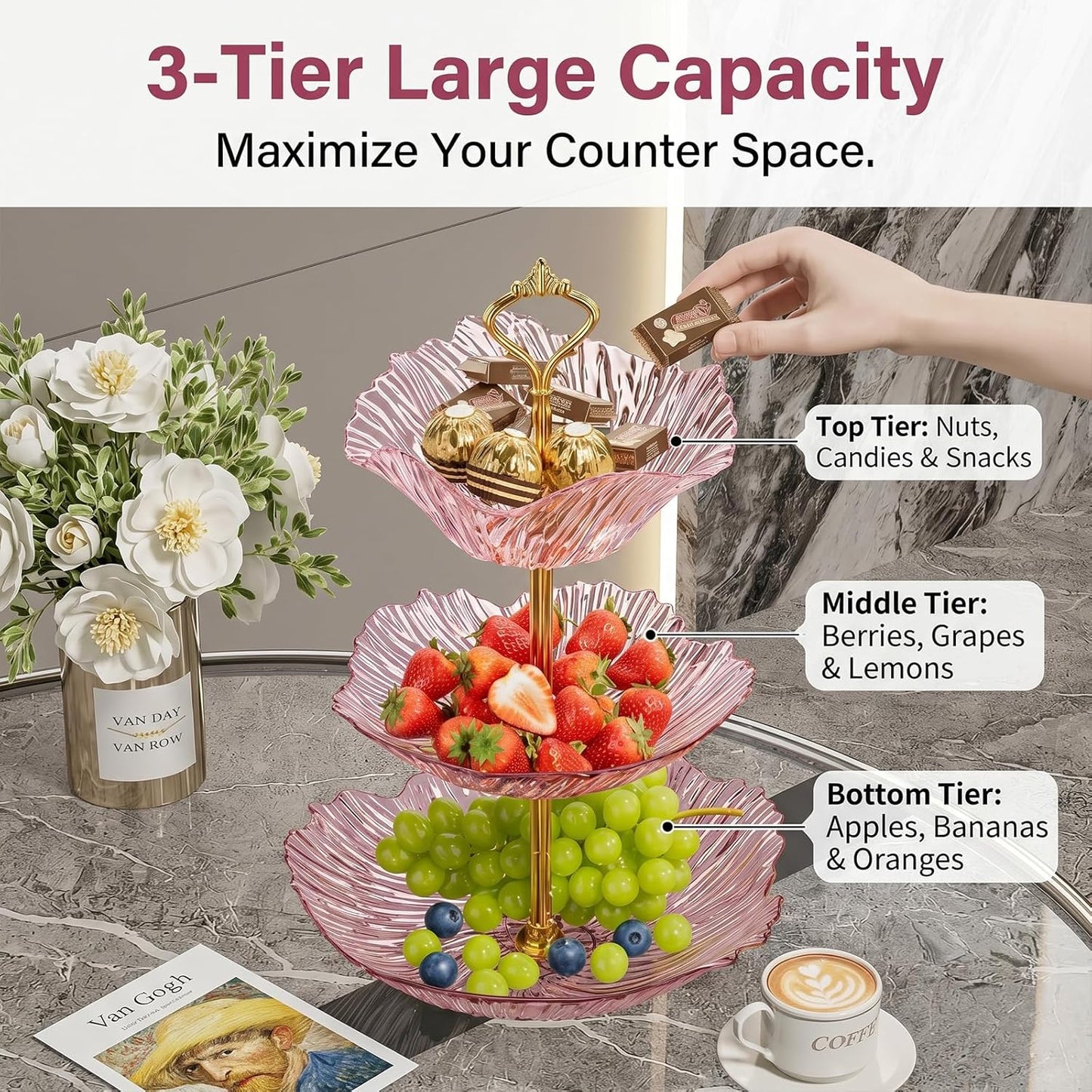 3 Tier Fruit Basket for Kitchen Counter, Light Luxury Acrylic Fruit Bowl Stand, Detachable Tiered Serving Tray for Cupcake, Snack, Cake, Dessert,Cake Stand for Party (Transparent Pink)