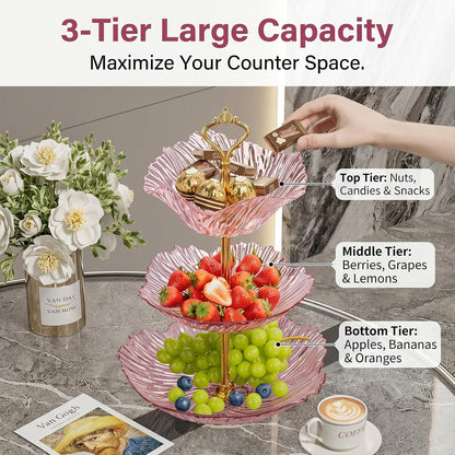 3 Tier Fruit Basket for Kitchen Counter, Light Luxury Acrylic Fruit Bowl Stand, Detachable Tiered Serving Tray for Cupcake, Snack, Cake, Dessert,Cake Stand for Party (Transparent Pink)