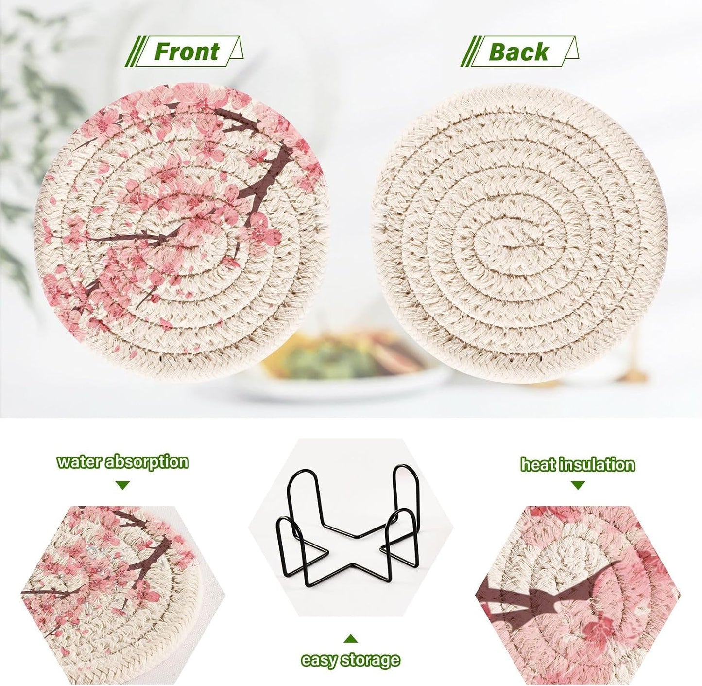 Pink Cherry Blossom Coasters Set of 6 Absorbent Drink Coaster with Holder for Cup Coffee Table Home Decor 3.94 Inch
