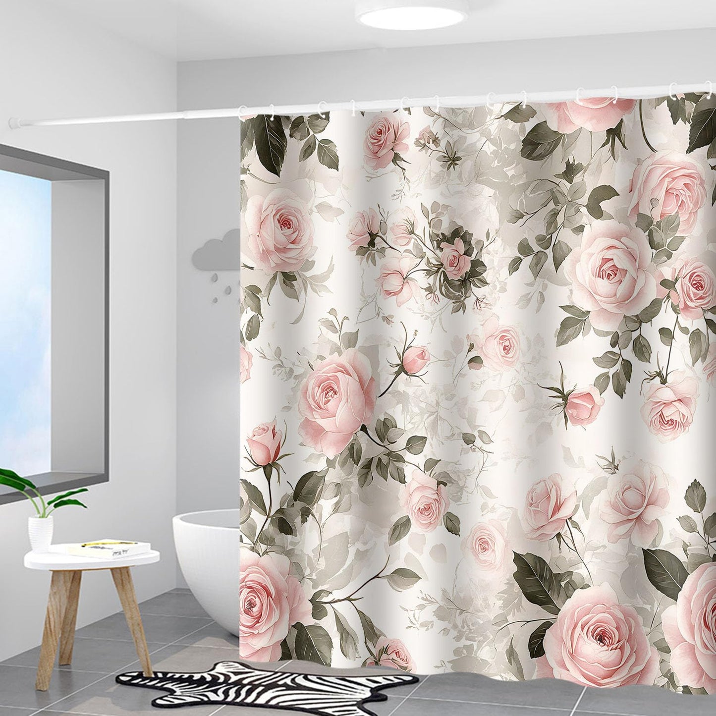 Moslion Pink Rose Flower Green Leaf Shower Curtain 72x72 Inch Bathroom Curtains Set Home Waterproof Polyester Fabric with Hooks
