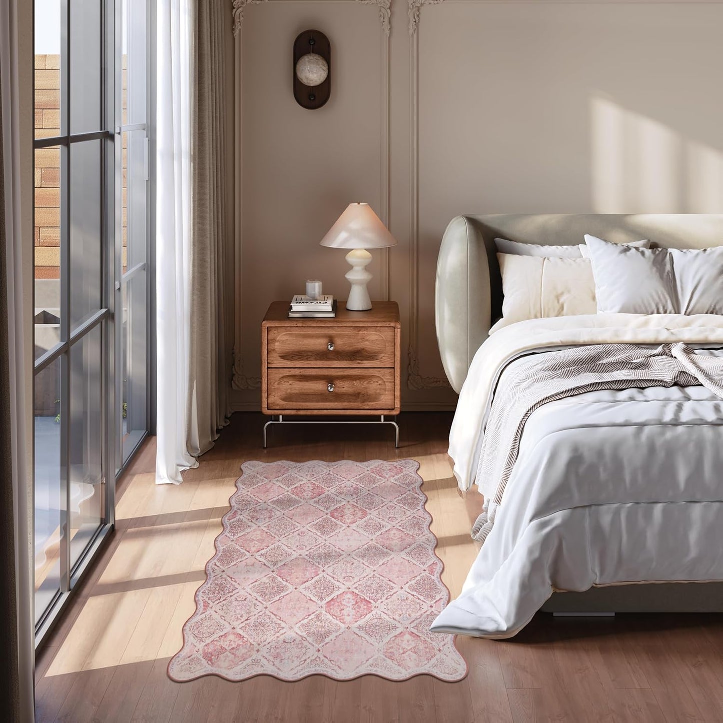 Moroccan 3x5 Area Rug, Unique Scalloped Ultra-Thin Soft Washable Rug, Non-Slip Stain Resistant Lightweight Low-Pile Carpet for Living Room Bedroom Dining Room Office (Pink)