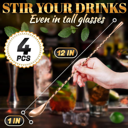 4 Pcs Rose Gold Bar Spoons Cocktail Mixing Spoon Set – Stylish Stainless Steel Stirring Spoons with Elegant Twisted Spiral Handle – Ideal for Cocktails, Iced Tea, Coffee, and Iced Latte | Sugar Spoon