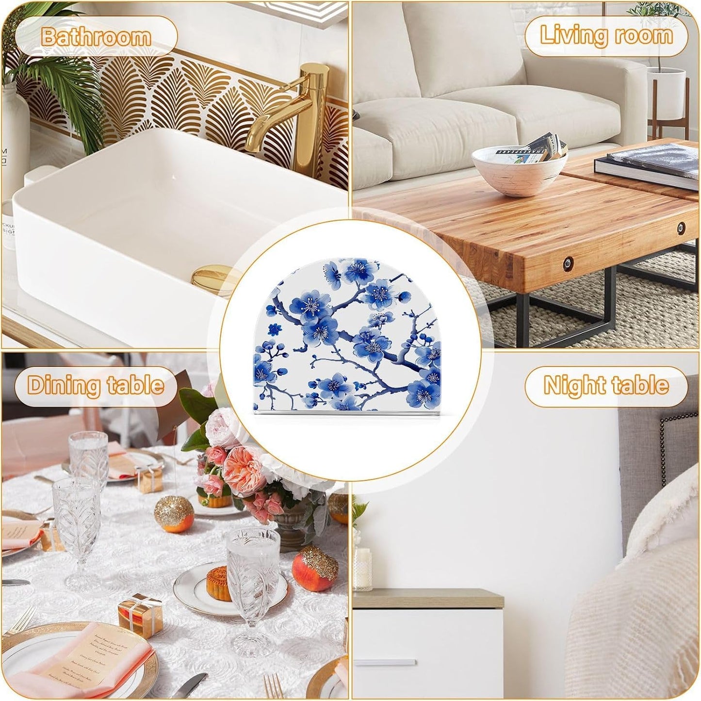 Blue Peach Blossom Kitchen Napkin Holders, Napkin Dispenser for Table, Kitchen Home Décor Paper Storage - 2 pcs