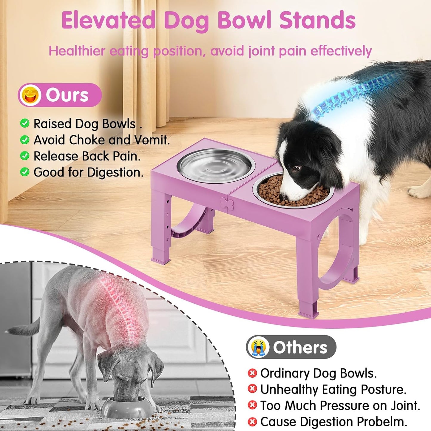 XIAZ Elevated Dog Bowls Large Breed Raised Dogs Bowl Stand Large/Medium Sized Dog Stainless Steel Food Water Bowl Stands 5 Heights Adjustable 9/11/12/14in Pet Feeder Dish Station