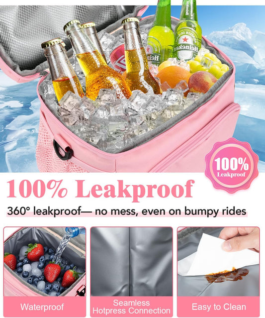 Insulated Lunch Bag for Men & Women, 9L Leakproof Lunch Box Soft Cooler Tote with 5 Pockets, 600D Oxford, EVA Lining, Adjustable Strap for Work, Picnic, Beach&Travel-Pink