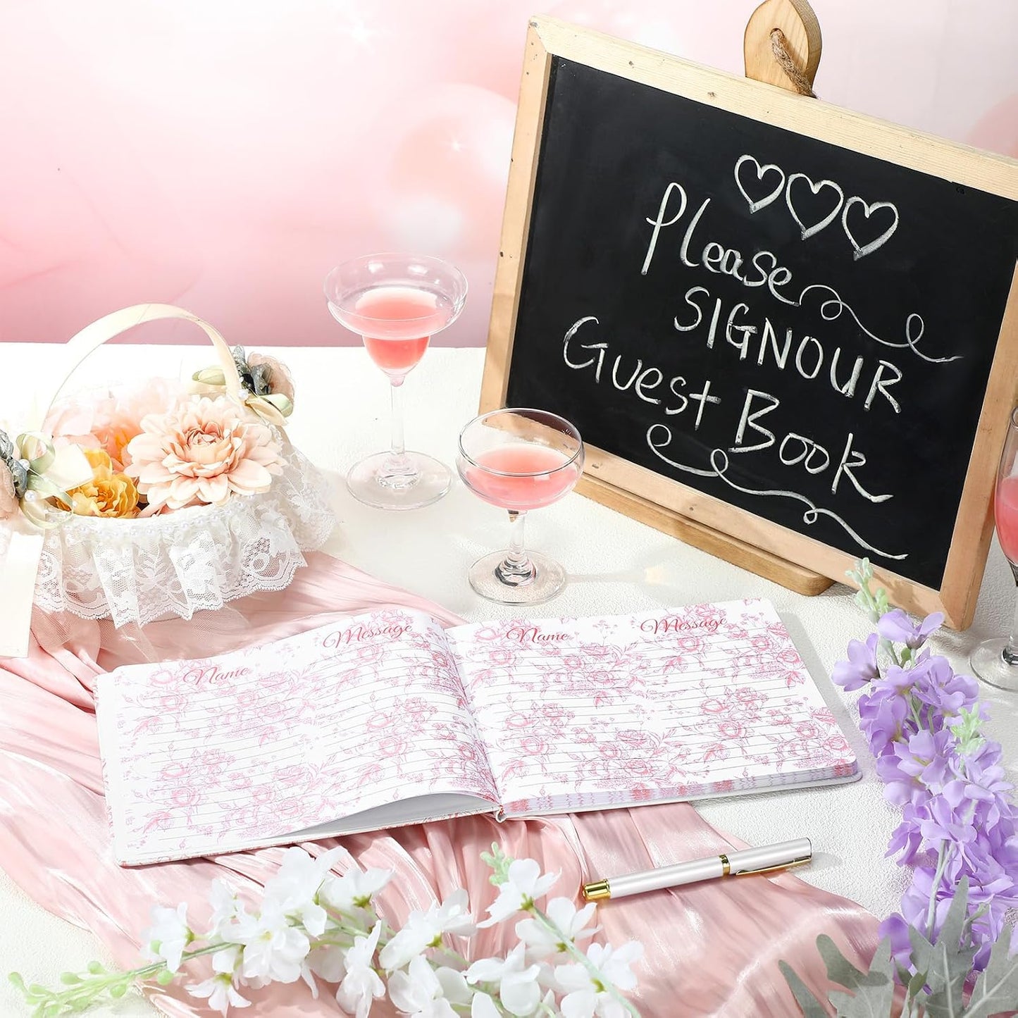 Panelee Wedding Guest Book 7 x 9 Inches for Reception with Pen Set Elegant Guest Book Bridal Shower Guestbook Beautiful Reception Guestbook for Wedding Graduation(Pink,Flower)
