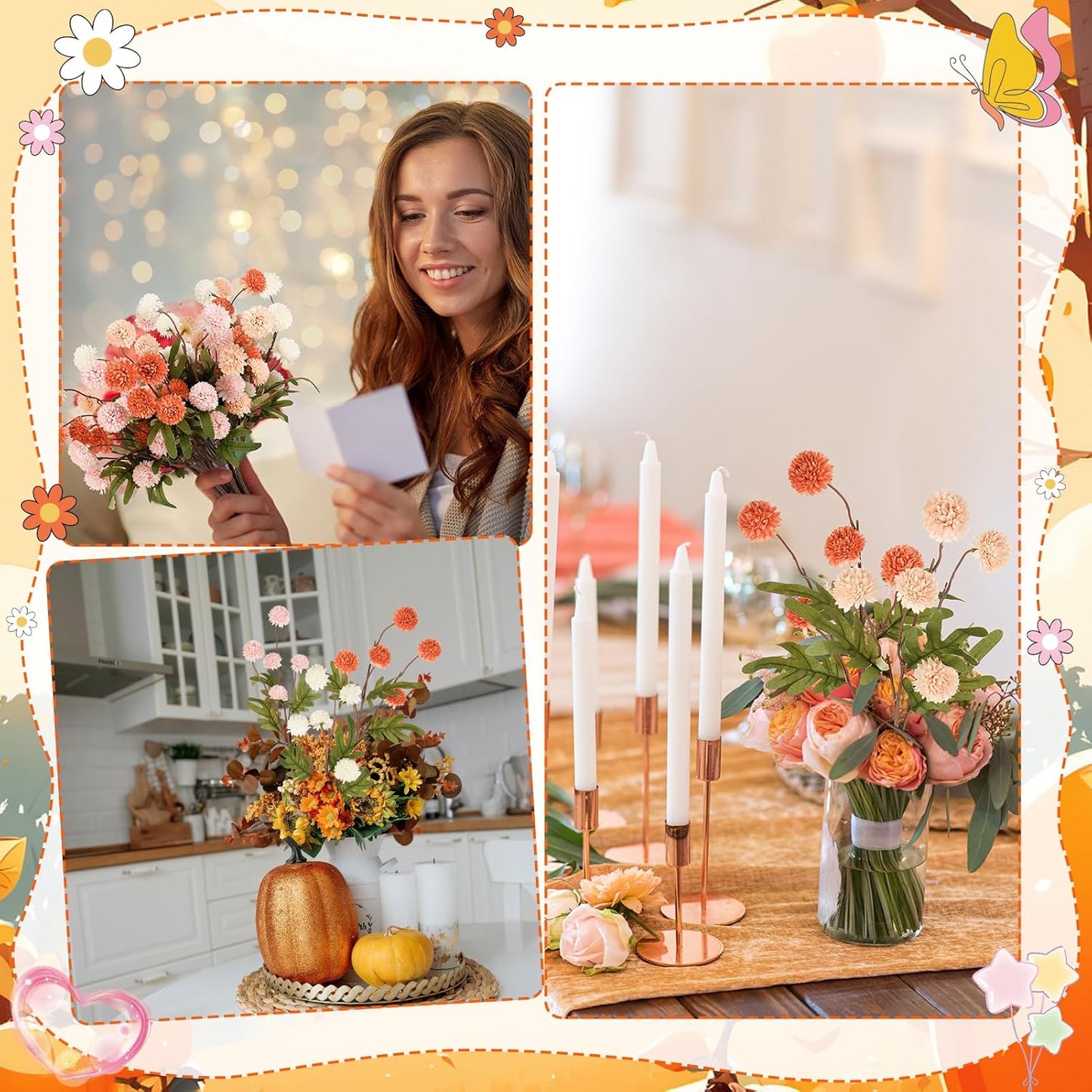 Artificial Flowers Fall Decor - 16 Bundles Faux Silk Mums UV Resistant Chrysanthemums Bouquet Kiku Flowers (16, White+Pink+Orange)