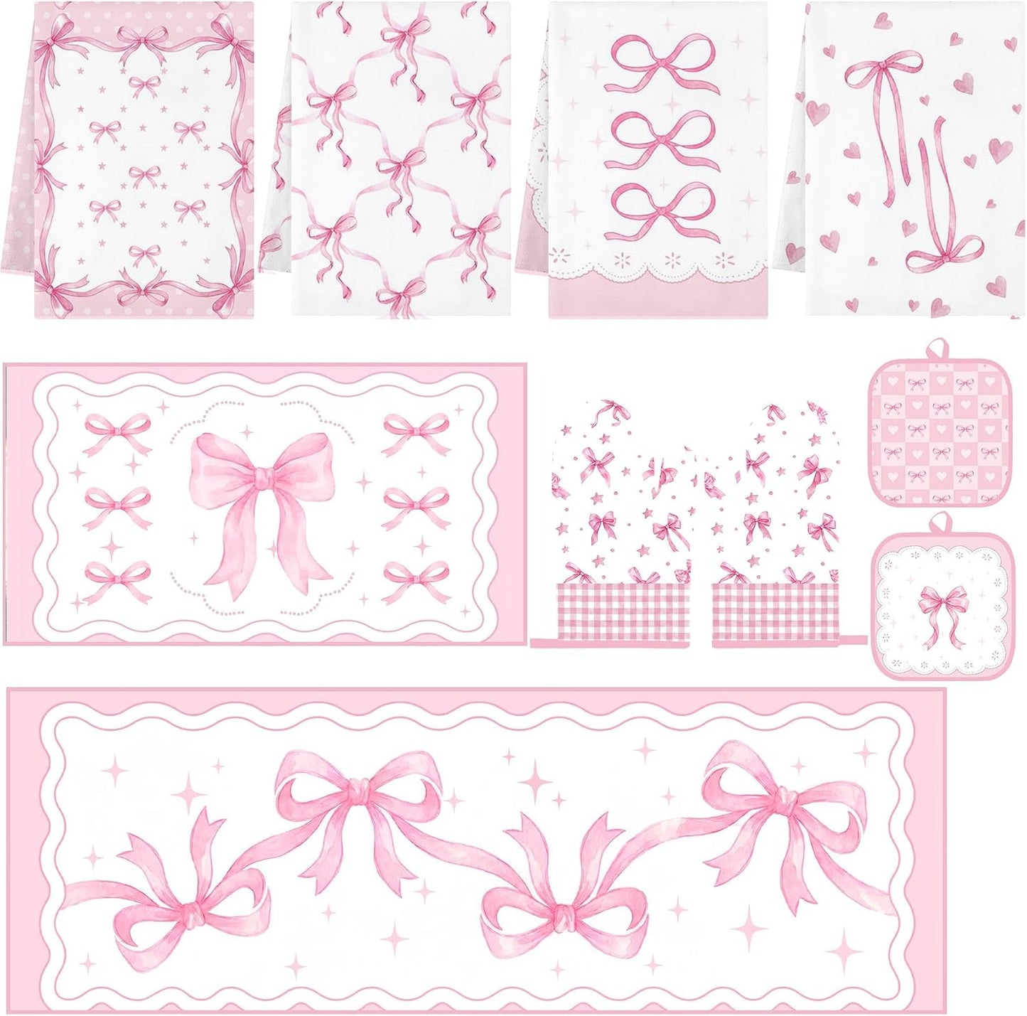 10 Pcs Pink Kitchen Decor and Accessories Set, Cute Pink Bow Coquette Theme Kitchen Towels Rugs Oven Mitts and Pot Holders, Ribbon Heart Decor Gift for Girls Mom Women