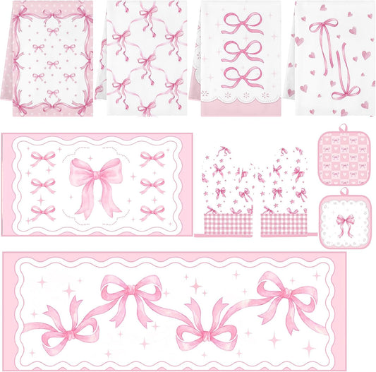 10 Pcs Pink Kitchen Decor and Accessories Set, Cute Pink Bow Coquette Theme Kitchen Towels Rugs Oven Mitts and Pot Holders, Ribbon Heart Decor Gift for Girls Mom Women