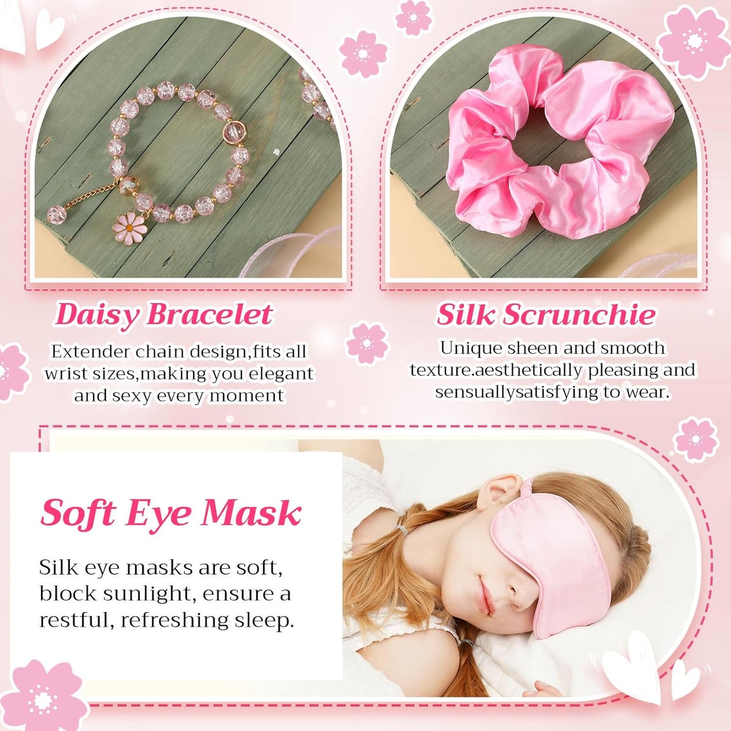 Vesici Pink 42 Pcs Spa Sleepover Party Supplies Bulk for Women 6 Set Slumber Spa Birthday Party Favor with Glass Cup, Eye Mask, Hair Tie, Hair Clip, Bracelet, Tote Bag, Ribbon (Cherry Blossoms)