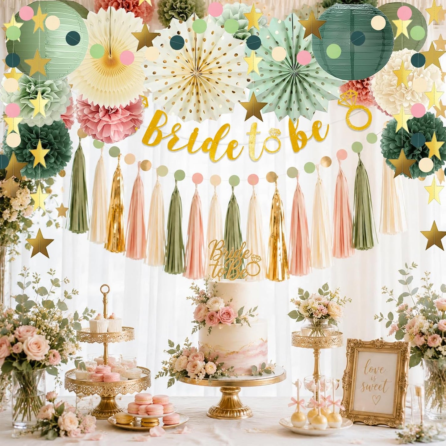 Bridal Shower Decorations, Dusty Pink and Sage Green Bridal Shower Decorations, Boho Bride to Be Wedding Shower Decoration, Bachelorette Party Decoration with paper pompoms, Fans, Tissue Garland