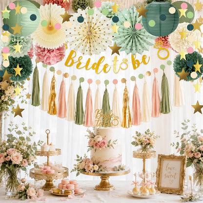 Bridal Shower Decorations, Dusty Pink and Sage Green Bridal Shower Decorations, Boho Bride to Be Wedding Shower Decoration, Bachelorette Party Decoration with paper pompoms, Fans, Tissue Garland