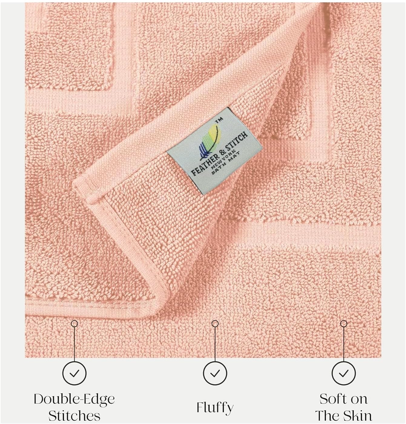 Feather & Stitch 2 Piece Towel Like Bath Mats (30x21 Inch) 100% Cotton Terry Bath Mats, Bathroom Shower Floor Mats [NOT A Bathroom Rug], Soft Absorbent Washable Mats - Pale Peach