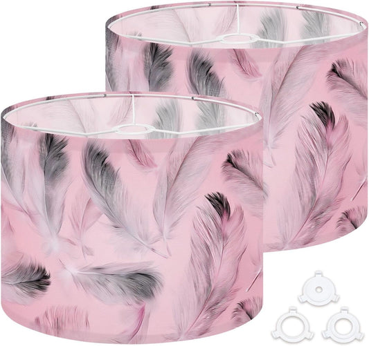 Lamp Shades Set of 2 Feathers Texture Pastel Pink Drum Lampshade for Table Lamps 13" W x 13" W x 10" H Easy Assembly Replacement Medium Lamp Shade Spider Fitter